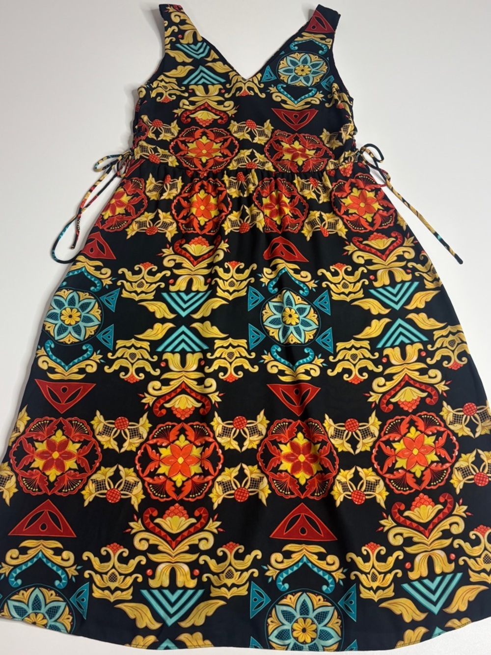 H&M Boho Baroque Print Midi Dress Size 6 Fit Flare Tie Waist